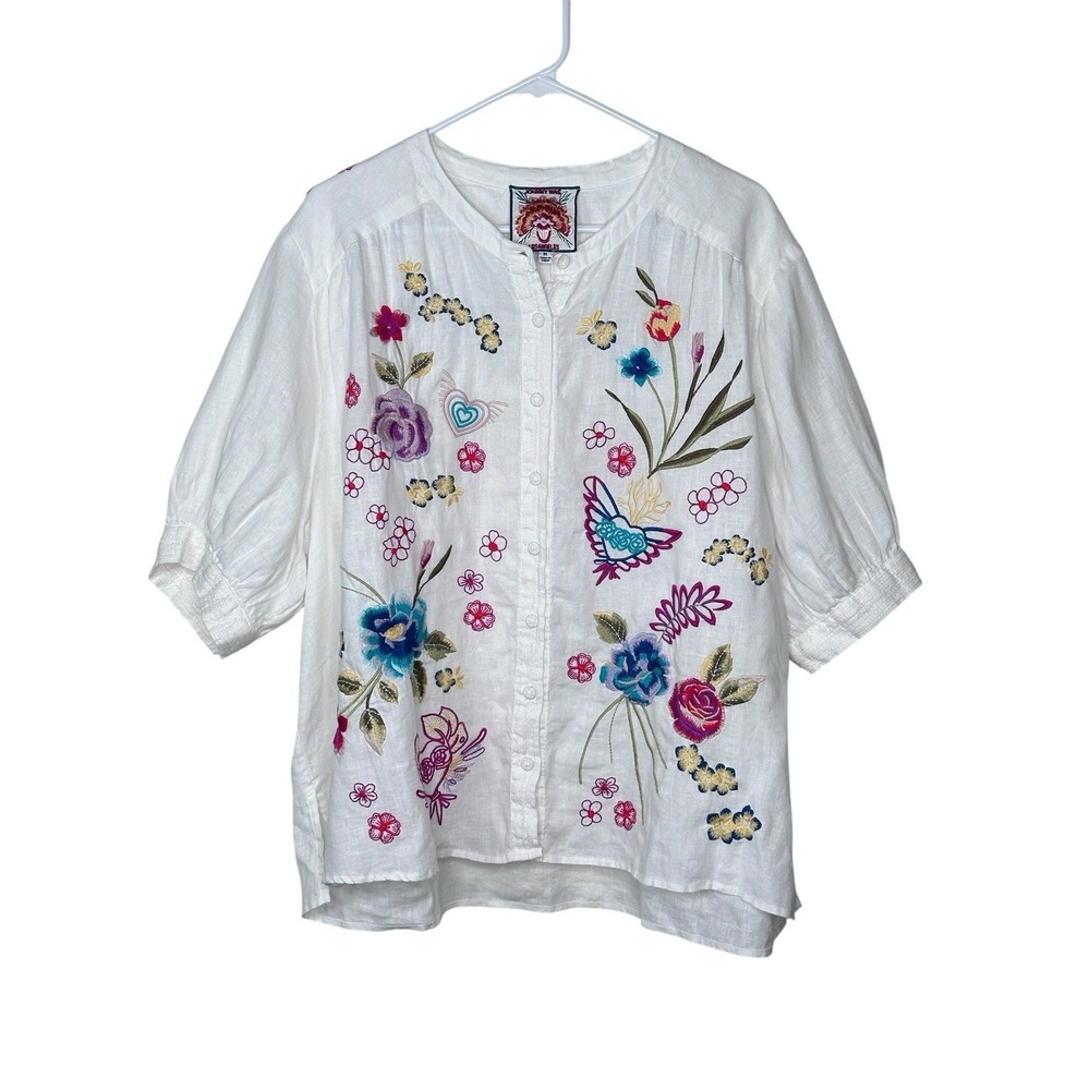 Johnny Was XL Jessi Shirred Yoke Blouse White Linen Embroidered Button Up Top - Picture 7 of 14